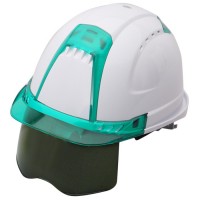 シールド付きヘルメット Ventiプラス 白 ひさしグリーン 遮光グリーンレンズ 受注生産品の1枚目